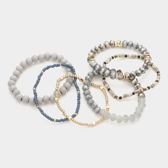 Gray Wood Ball Beaded 6 Piece Stacked MultiLayered Stretch Bracelets Gold - Picture 2 of 5